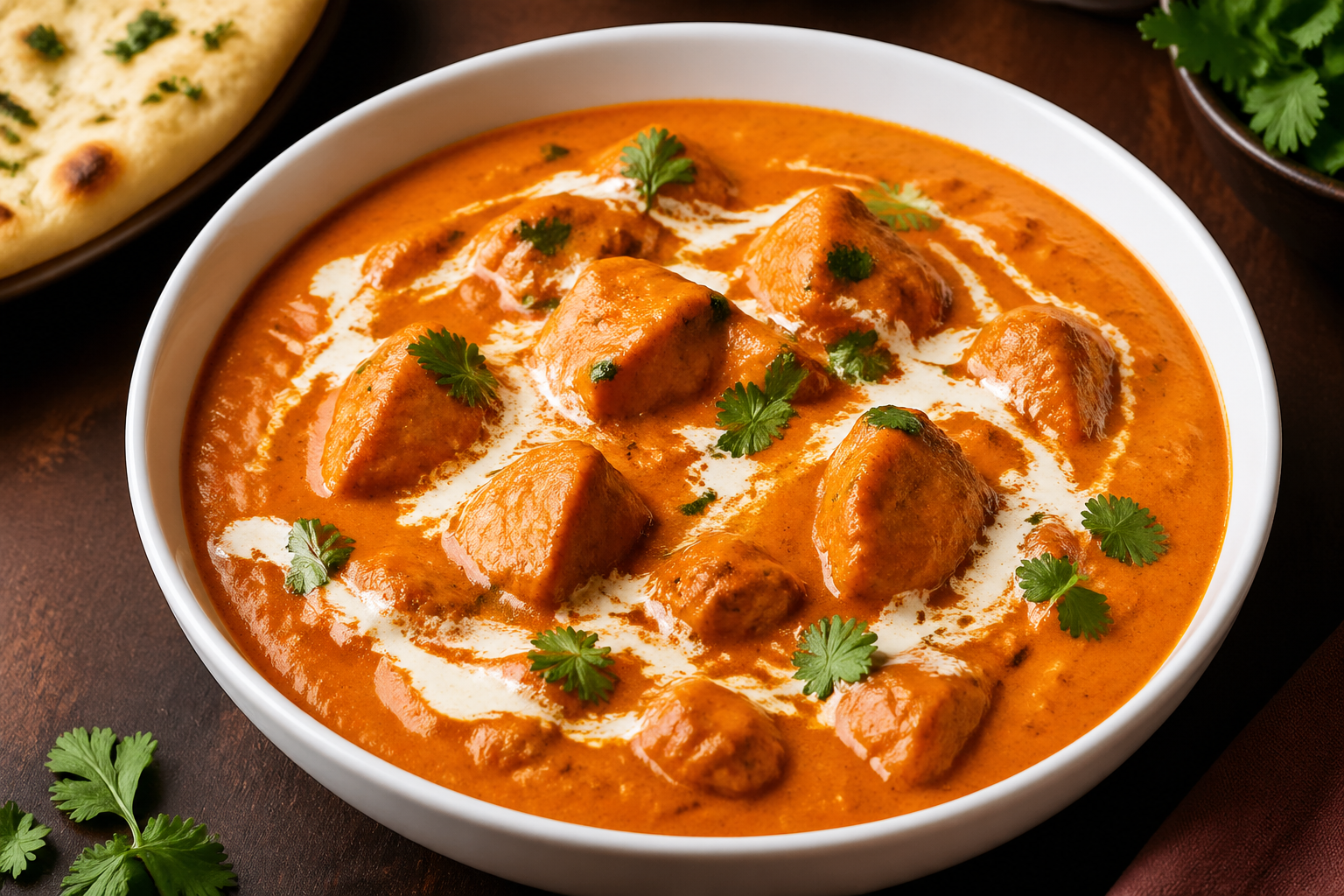 Butter chicken in rich creamy tomato curry with garnish