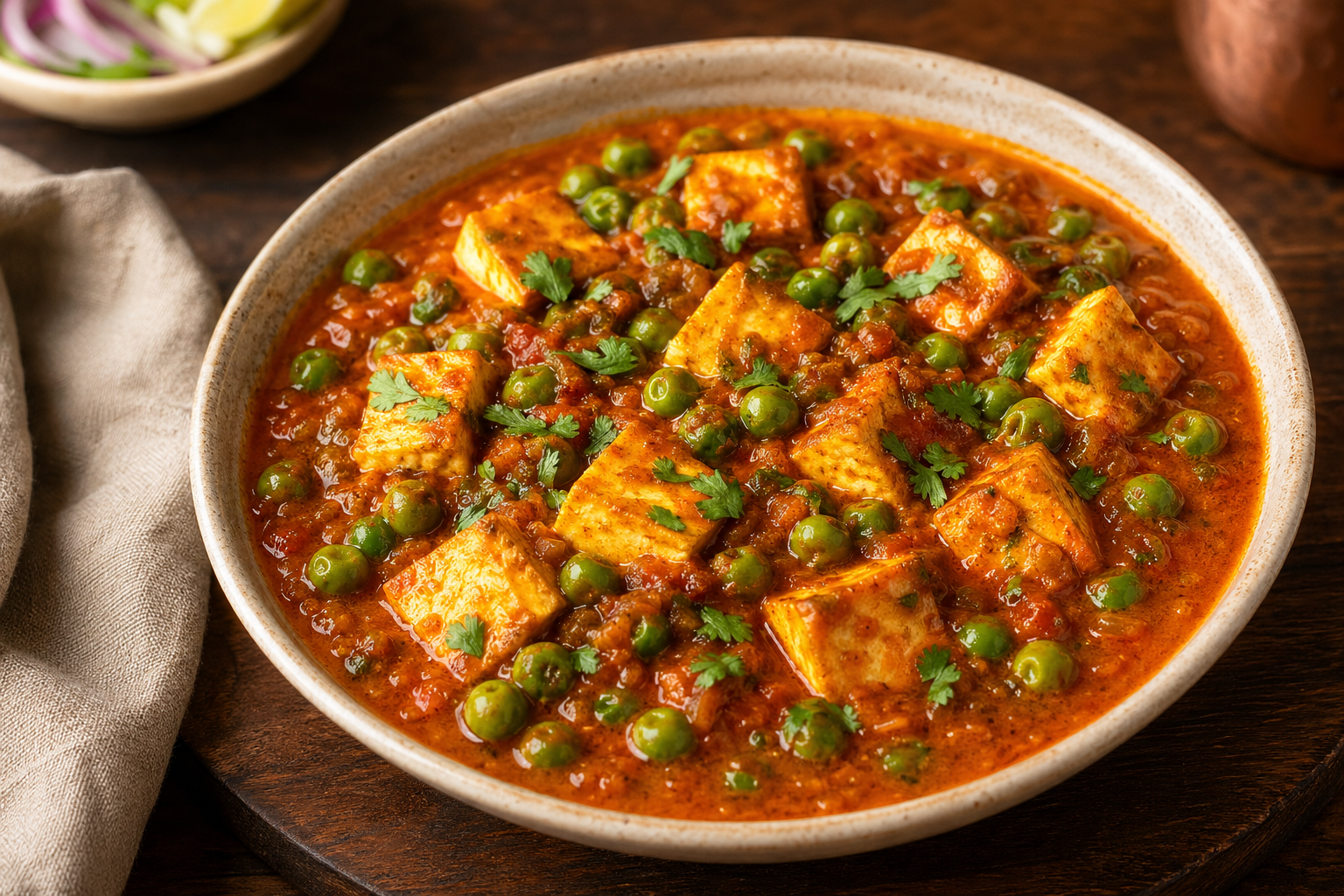 Mutter paneer peas and cubes of paneer in curry