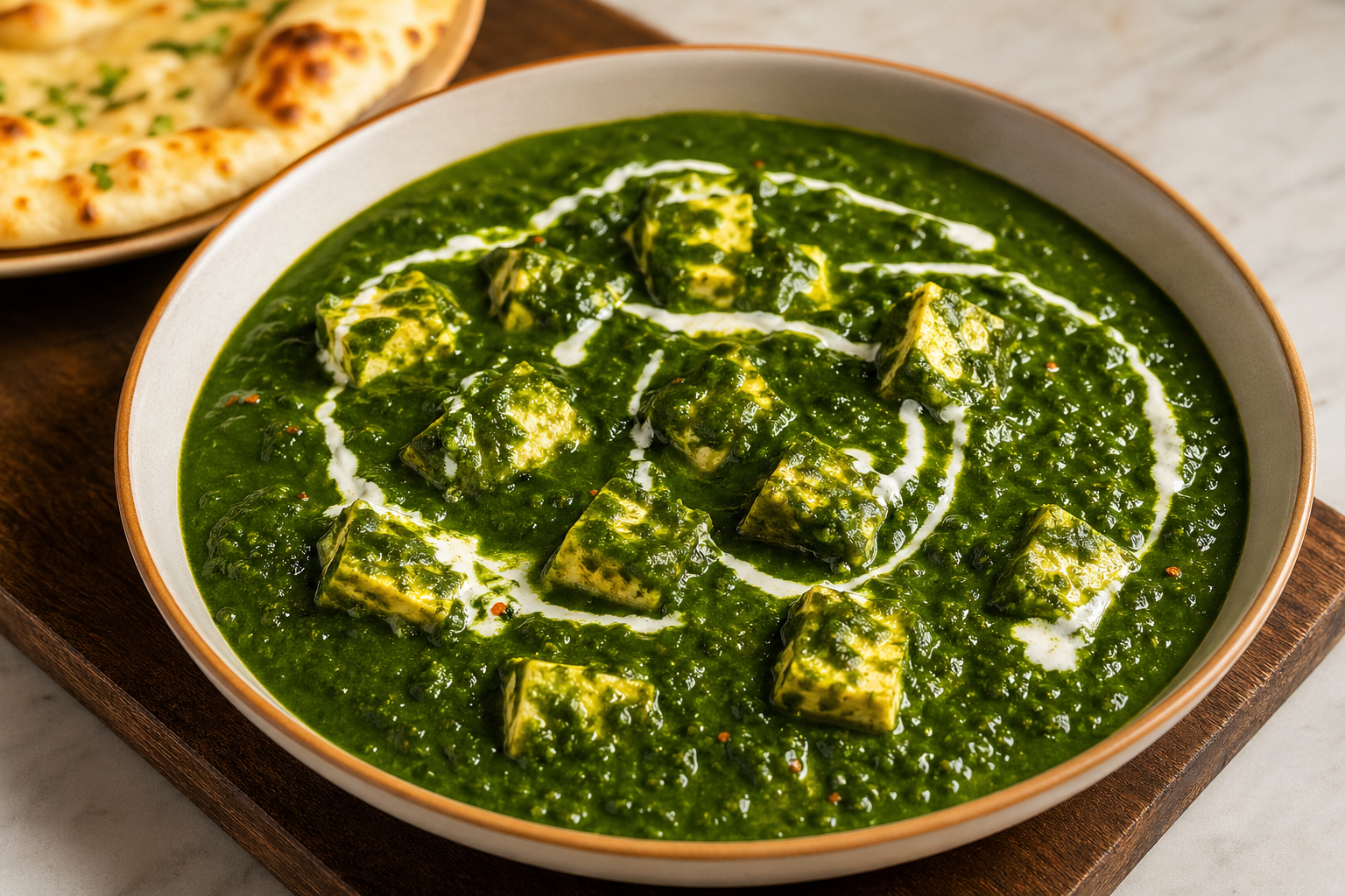 Palak paneer spinach curry with paneer cubes